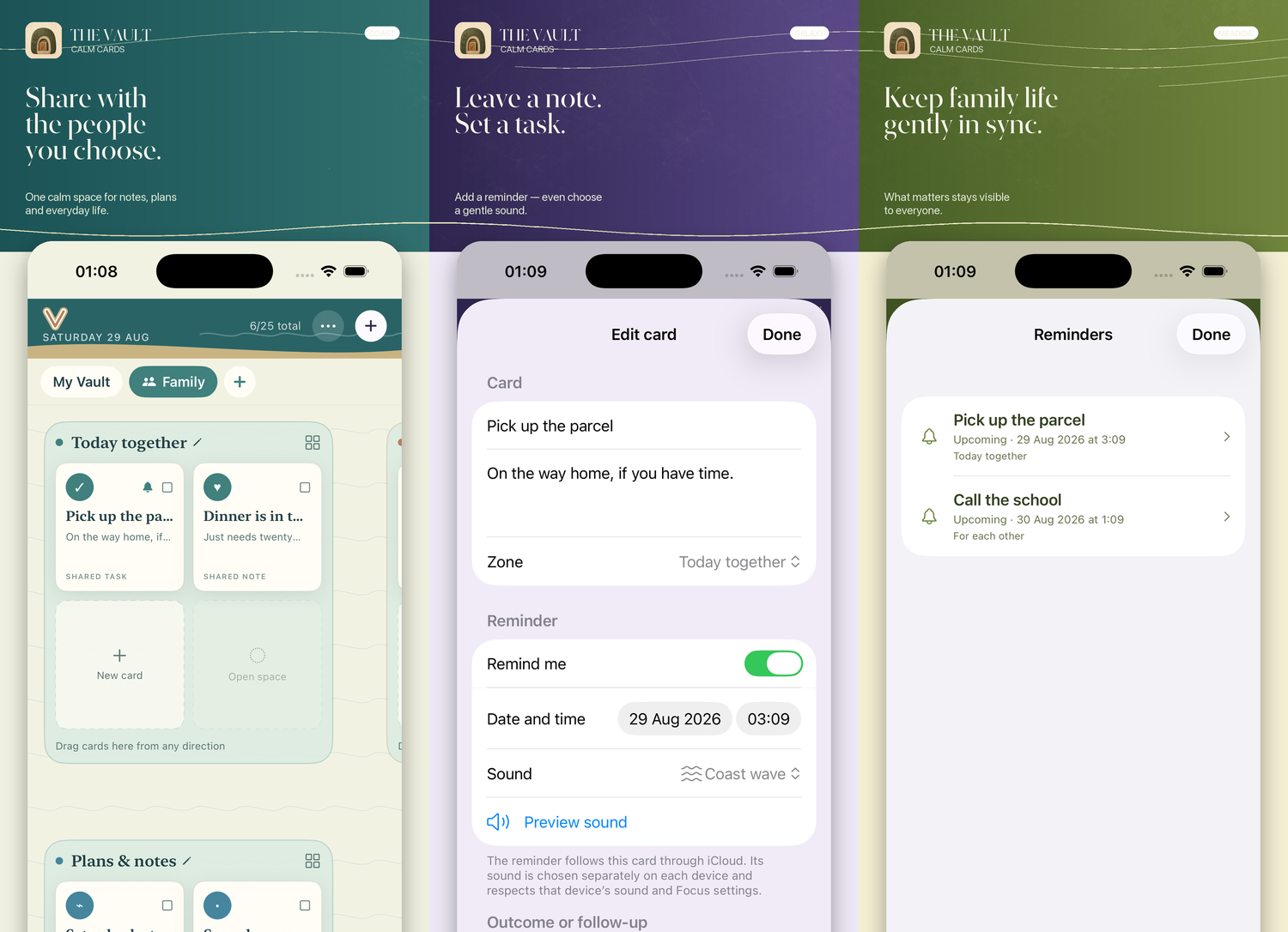 The Vault showing shared cards on three iPhones